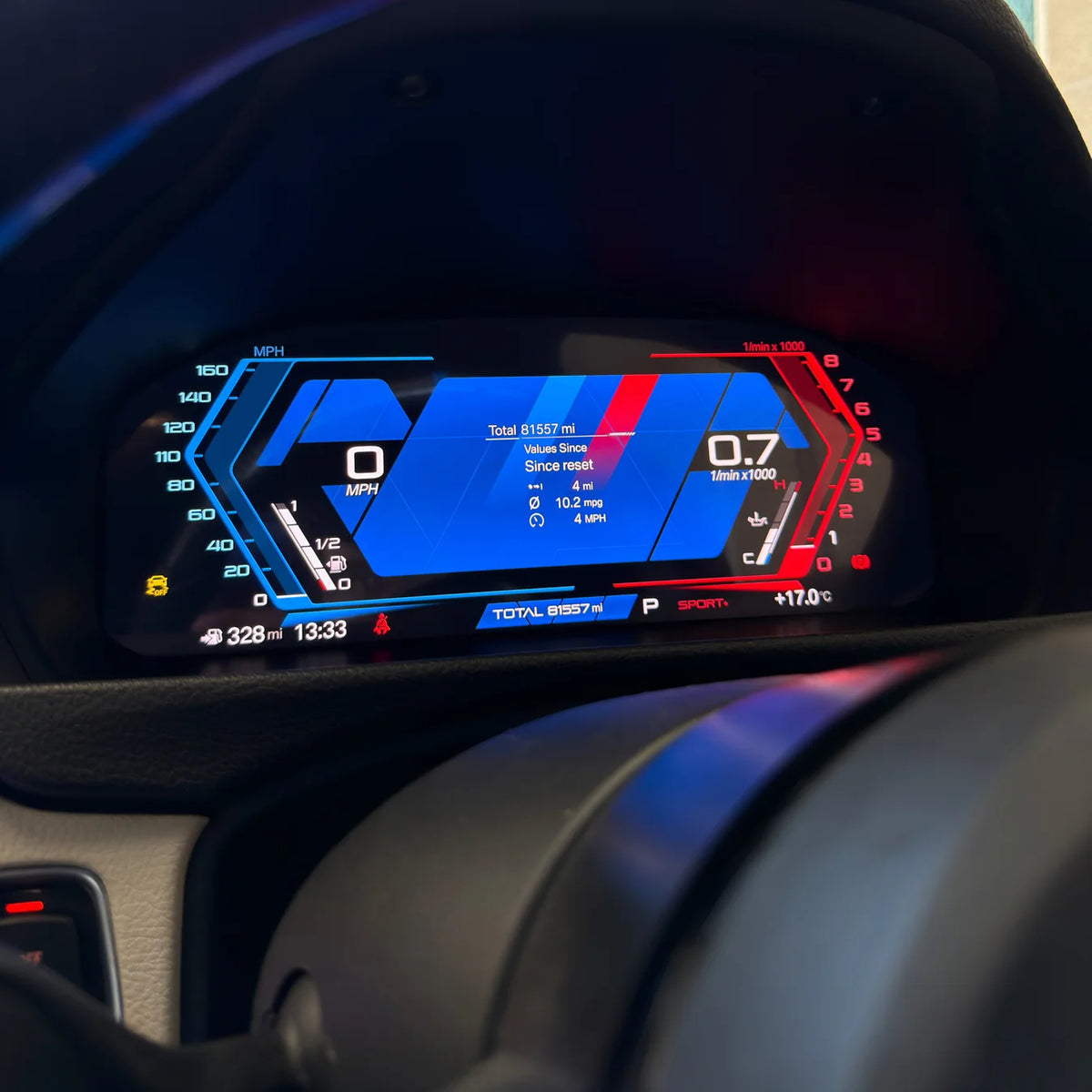 Bmw retrofit dashboard 2026 style with digital display showing various metrics